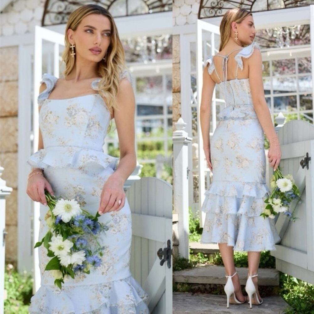New V. Chapman Violet Linen‑Blend Midi Dress – Victorian Blue Roses – Size 16